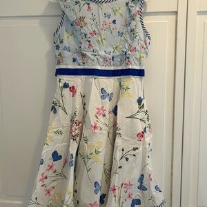 Rare Editions White Floral & Butterfly Fit-and-Flare Dress with Blue Trim